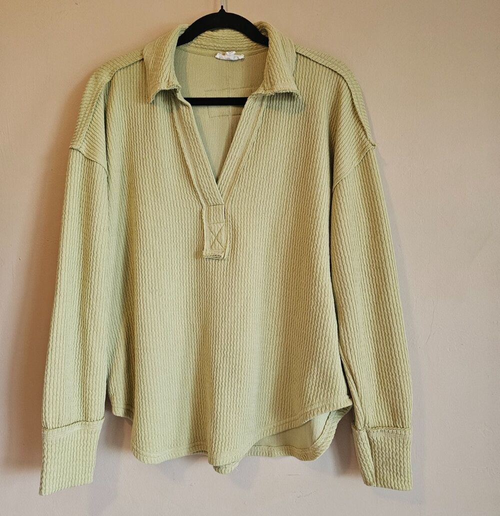 Blu Pepper Womens Collared V-Neck Pullover Sweater Waffle Knit Top sz Med Olive